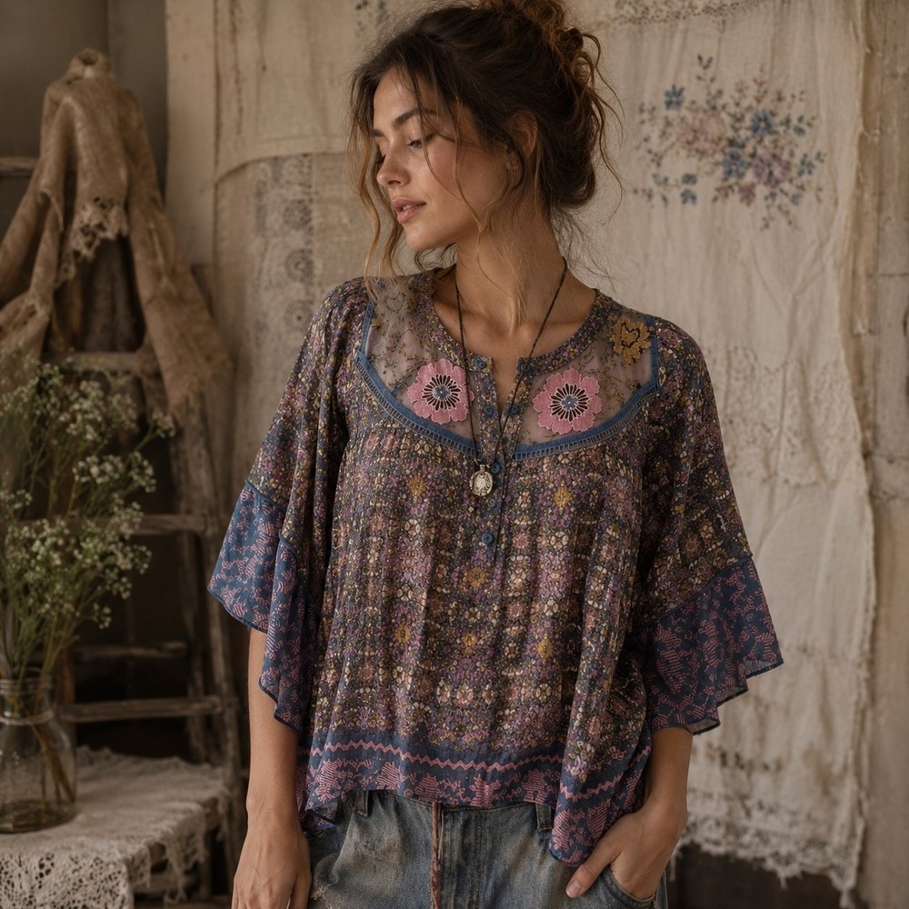 Anthropologie Postmark Embroidered Henley Top S Multicolor Floral Boho Peasant